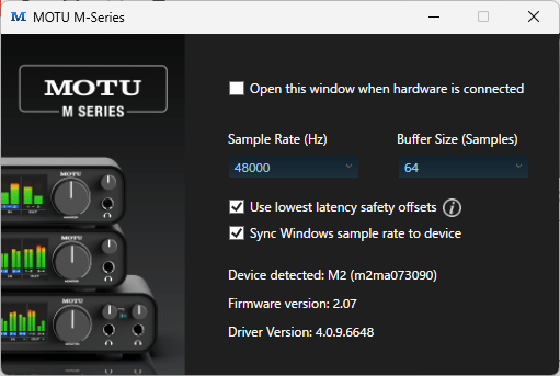 WindowsのMOTUの設定画面