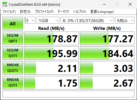 WD40EZAXでのベンチマーク（MB/s）